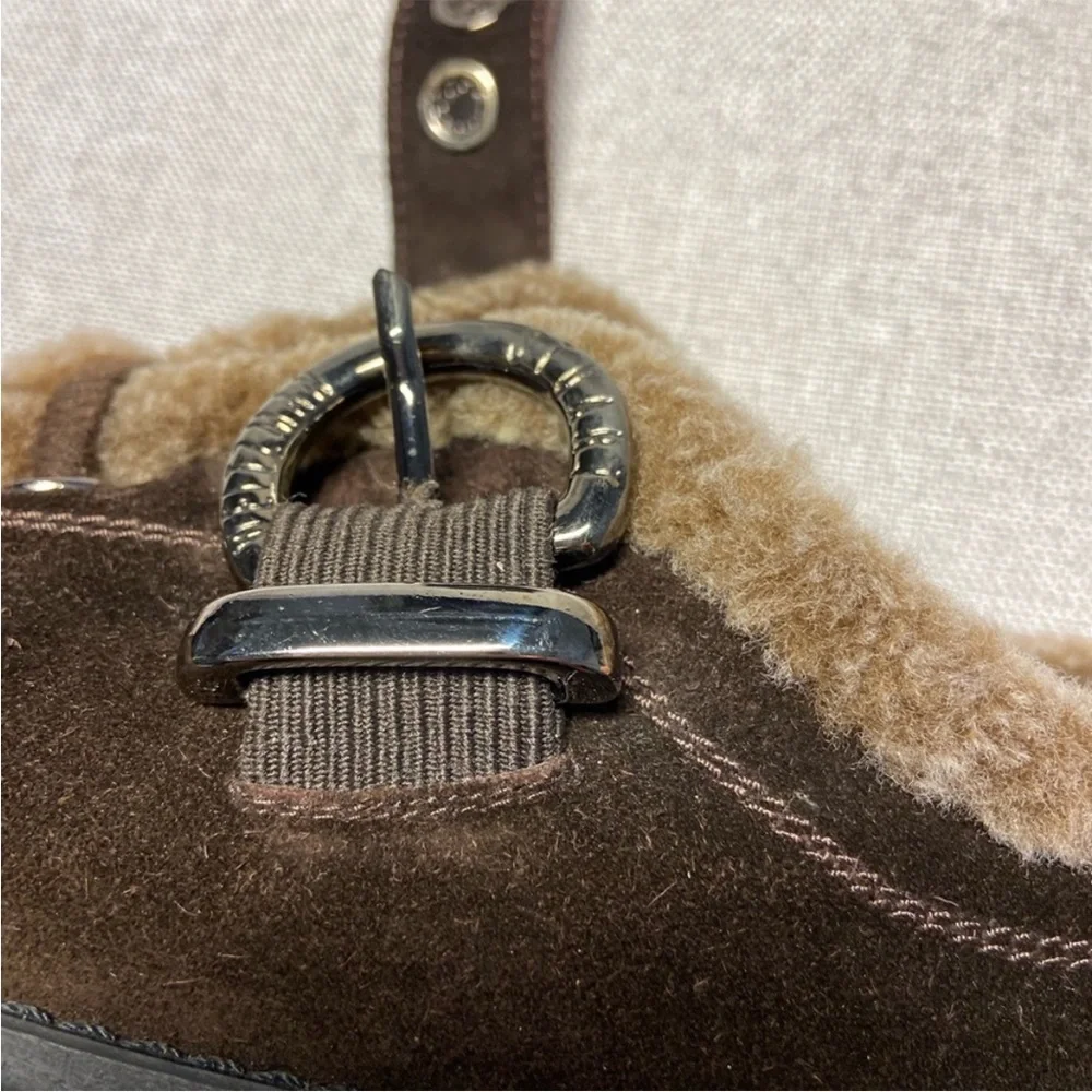 Stuart Weitzman Brown Suede Shearling-Lined Shoe with buckle closure & lug sole - Picture 8 of 12